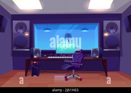 Record producer or audio engineer workplace, recording studio control room interior cartoon vector with armchair near mixing console, loudspeakers, li Stock Vector