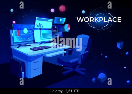 Workplace with computer table, Pc monitors and armchair, office desk or home working place for businessman, analyst or freelancer, neon glowing futuri Stock Vector