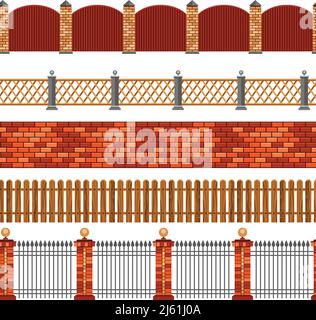 Vector illustration of horizontal seamless set of flat isolated fences and borders on white background Stock Vector