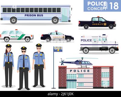 Detailed illustration of police department, police car, police officer, sheriff, helicopter, armored S.W.A.T. truck and prison bus in flat style on wh Stock Vector
