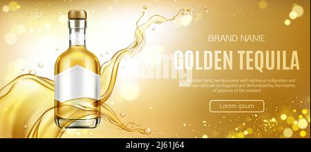 Tequila bottle mock up banner, glass flask with golden liquid and blank label mockup, mexican alcohol drink on gold aqua background with air bubbles a Stock Vector
