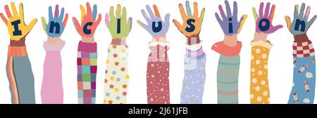 Concept of inclusion diversity equality. Group of painted hands of joyful happy multicultural kids and baby girls and boys.Colorful kids hands.Friends Stock Vector