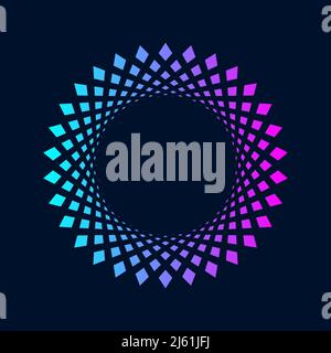 Blue and purple halftone circle. Cyan magenta gradient on dark blue gradient. Halftone frame made of rhombuses. Round copy space in the middle. Vector Stock Vector