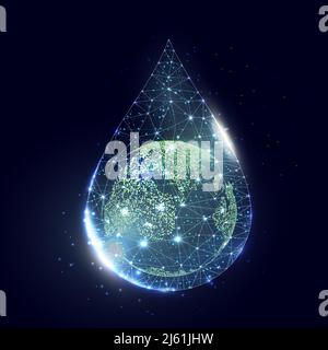 Planet Earth in water drop. World water day, Protection environmental, Ecology concept. Wireframe low poly style, isolated on dark blue background. Ve Stock Vector