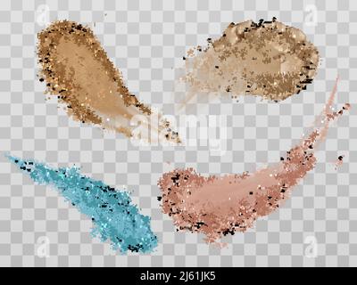 Skin foundation smears, dry powder, eye shadows brush strokes set. Beauty make up cosmetics texture swatch, smudge trace samples isolated on transpare Stock Vector