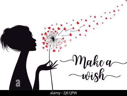 Make a wish, woman holding dandelion flower with flying hearts, vector illustration Stock Vector