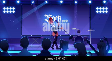 Singer on stage performing rock music concert. Woman singing song on scene with microphone, people fans watching show with live instruments, equipment Stock Vector