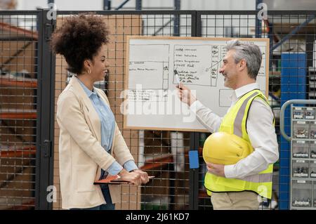Smiling engineer holding hardhat discussing with businesswoman on whiteboard in factory Stock Photo