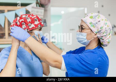 Healthcare worker helping colleague to wear protective face mask in veterinary clinic Stock Photo