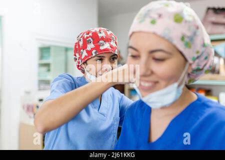 Smiling healthcare workers in uniform and hair cap at veterinary clinic Stock Photo