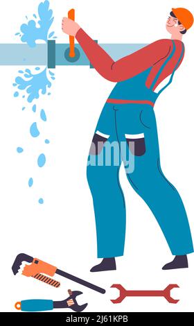 Plumber fixing pipe water leakage, professional Stock Vector