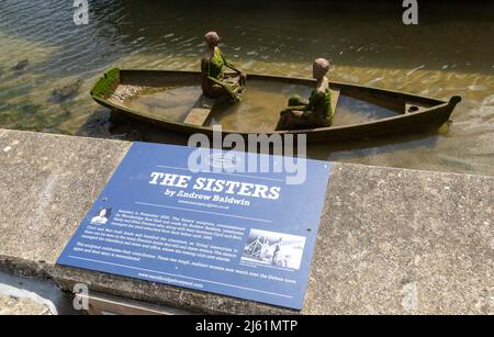Information sign notice 'The Sisters' sculpture by Andrew Baldwin 2020, River Deben, Woodbridge, Suffolk, England, UK Stock Photo