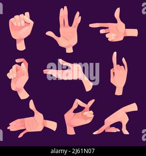 Hand gestures in different positions set isolated on purple background. Human palm gesturing, show direction, pointing, and represent emotions with fi Stock Vector