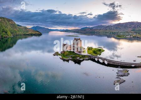 Eilean Donan castle seen from above on sunset Stock Photo