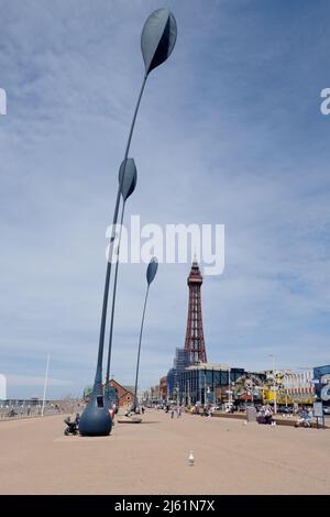 Looking along the seafront towards the iconic Blackpool Tower Britain's favourite holiday resort in Lancashire England UK Stock Photo