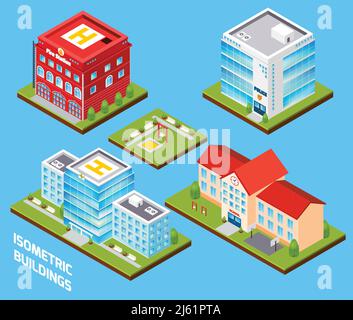 Government buildings 3d isometric set with fire station police hospital school isolated vector illustration Stock Vector