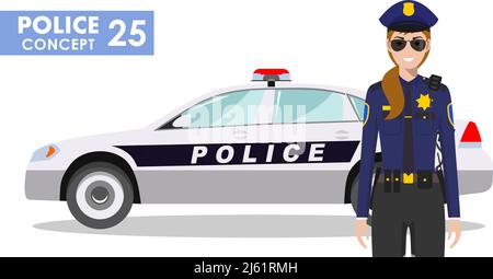 Detailed illustration of police car and woman police officer in flat style on white background. Stock Vector