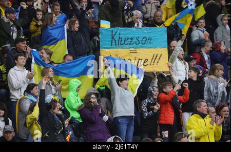 City Of Dortmund, Deutschland. 26th Apr, 2022. firo: April 26th, 2022 Fuvuball, 1.Bundesliga, season 2021/2022, benefit game for the benefit of the victims of the war/war versus Ukraine by Putin/Russia BVB, Borussia Dortmund - Dynamo Kyiv fans, Ukraine, Stand with Ukraine, Stop War, Credit: dpa/Ģ����ý Live News Stock Photo