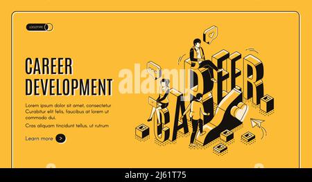 Career development isometric landing page. Businesspeople work in internet using gadgets climbing up by growing data chart. Employees working boost, j Stock Vector