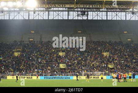 City Of Dortmund, Deutschland. 26th Apr, 2022. firo: April 26th, 2022 Fuvuball, 1.Bundesliga, season 2021/2022, benefit game for the benefit of the victims of the war/war versus Ukraine by Putin/Russia BVB, Borussia Dortmund - Dynamo Kyiv fans, Ukraine, Stand with Ukraine, Stop War, Svºdtribvºne Credit: dpa/Ģ����ý Live News Stock Photo