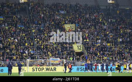 City Of Dortmund, Deutschland. 26th Apr, 2022. firo: April 26th, 2022 Fuvuball, 1.Bundesliga, season 2021/2022, benefit game for the benefit of the victims of the war/war versus Ukraine by Putin/Russia BVB, Borussia Dortmund - Dynamo Kyiv fans, Ukraine, Stand with Ukraine, Stop War, Svºdtribvºne Credit: dpa/Ģ����ý Live News Stock Photo