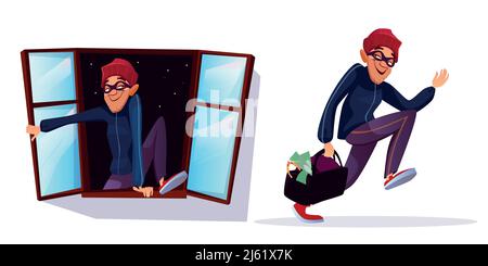 Vector cartoon robber, thief characters set. Male burglar running with stolen money, jewelry bag, housebreaker committing crime, entering private hous Stock Vector