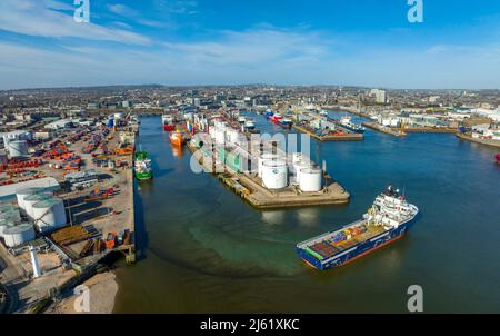 Aerial view from drone of Aberdeen port and harbour,  the base for North Sea Oil offshore support services, Aberdeenshire, Scotland, UK Stock Photo