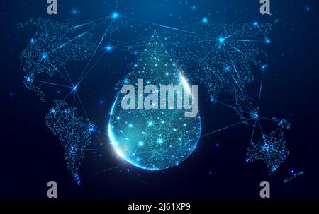 Wireframe polygonal water drop with globe map. World water day concept. Futuristic modern abstract background with glowing low poly graphics. Vector i Stock Vector