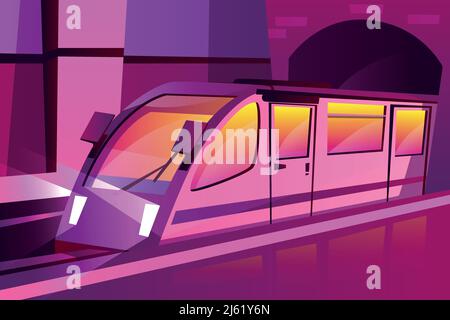 Vector cartoon modern subway, underground speed train in futuristic purple color style. Illustration with railway transportation, locomotive with pass Stock Vector