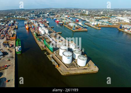 Aerial view from drone of Aberdeen port and harbour,  the base for North Sea Oil offshore support services, Aberdeenshire, Scotland, UK Stock Photo