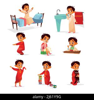 Muslim boy kid daily routine vector cartoon illustration. Flat design of boy child in morning bed, washing and brushing teeth in bathroom, exercises, Stock Vector