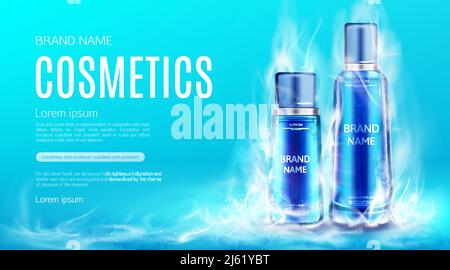 Cosmetics bottles in dry ice smoke cloud mockup background. Cooling beauty cosmetic product tubes, makeup remover, cream or tonic advertising promo po Stock Vector