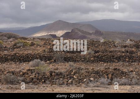 Stone walls in the volcanic landscape of Tenerife south, Canary Islands Spain. Stock Photo