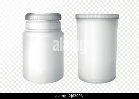 Vector blank medical bottles set on transparent background. 3d white containers for pharmaceutical drugs, pills and supplements. Realistic healthcare Stock Vector