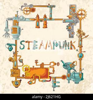 Steampunk frame with industrial machines gears chains and technical elements vector illustration Stock Vector