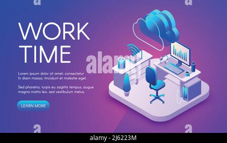 Work and cloud internet vector illustration of smart office or workplace with router connection. Cloud and wireless technology communication in comput Stock Vector