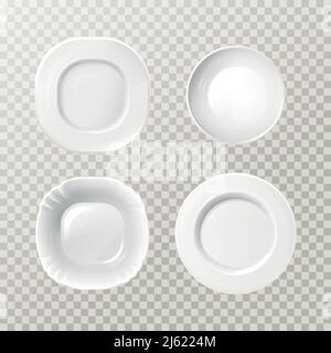 Vector blank white ceramic plates mockup set. Realistic porcelain round dishes for dining and table serving on transparent background. 3d kitchen, res Stock Vector