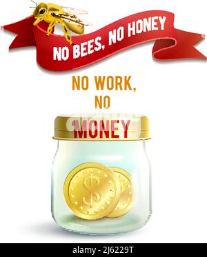 Realistic glass jar with money and honey bee work concept vector illustration Stock Vector
