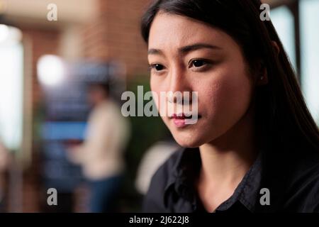 Portrait of network security engineer developing platform user interface and administrator database. Software programmer coding machine learning firewall application. Close up. Stock Photo