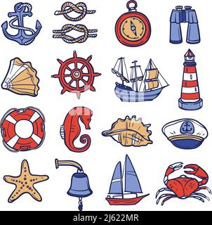 Nautical sketch decorative icon set with anchor rope compass binoculars isolated vector illustration Stock Vector