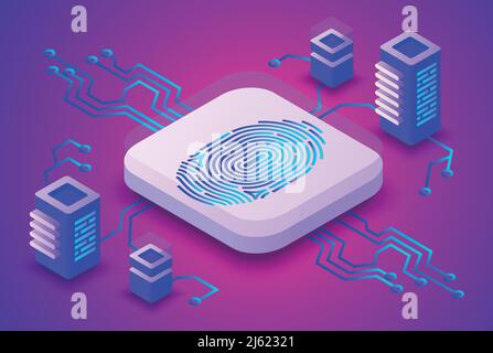 Biometrics blockchain technology vector illustration of digital fingerprint security for cryptocurrency concept. Data communication server and secure Stock Vector