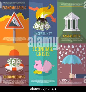 Economic crisis mini poster set financial bankruptcy flat isolated vector illustration Stock Vector
