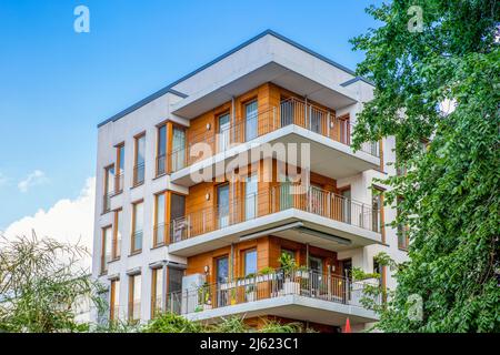Germany, Berlin, Balconies of modern apartment building in new development area Stock Photo