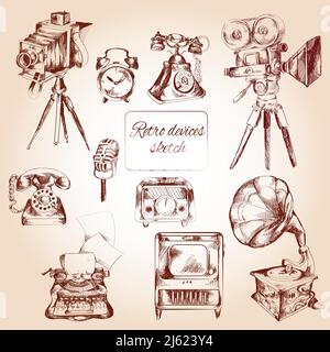 Retro devices decorative icons sketch set with film camera telephone typing machine isolated vector illustration Stock Vector