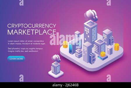 Cryptocurrency marketplace vector illustration of bitcoin mining farm in smart city vector for blockchain technology. Digital cloud network for crypto Stock Vector