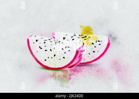Watercolor painting fresh fruit cut dragon fruit Stock Photo