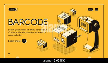 Barcode scanning web banner or site isometric vector with desktop barcode reader, stationary laser scanner and parcel or box, line art illustration. B Stock Vector