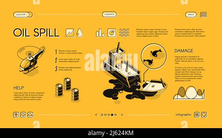 Oil spill isometric vector web banner. Damaged and sinking oil tanker ...