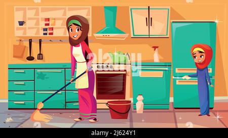Vector cartoon muslim khaliji mother, daughter in hijab cleaning kitchen together, doing household chores. Female arab women characters wiping floor, Stock Vector