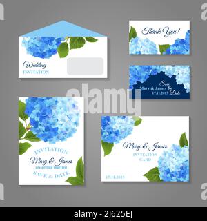 Wedding invitation cards set with hydrangea flower bouquet isolated vector illustration Stock Vector